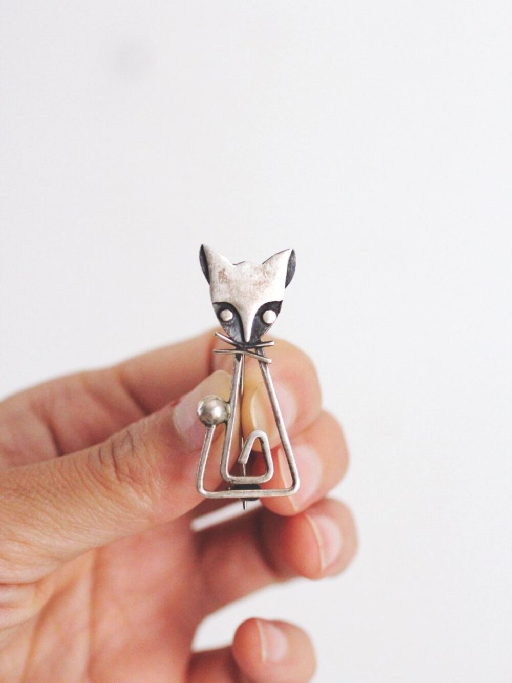 Vintage Modernist Sterling Silver Cat Brooch Taxco Mexico Geometric MCM Mid Cent